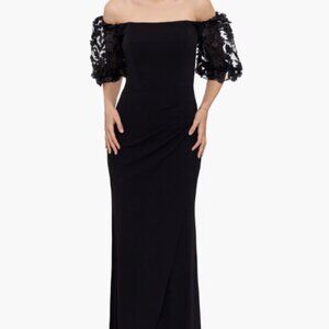 XSCAPE "Melanie" 3D Floral Sleeve Scuba Crepe Gown
